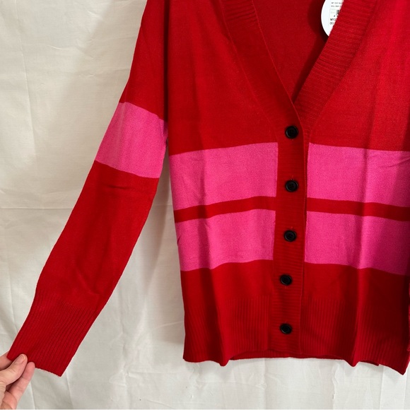 Madeleine Thompson Womens Button Del Ray Cardigan Sweater Red & Pink Striped SML - Picture 3 of 4